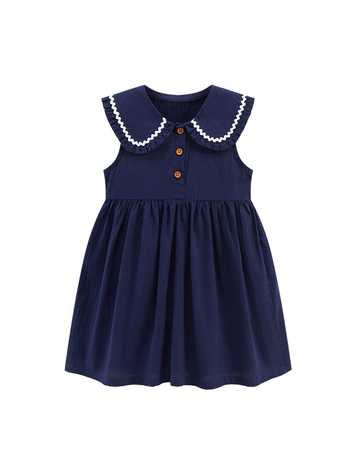 Girls Navy Blue Peter Pan Collar Cotton A-Line Dress