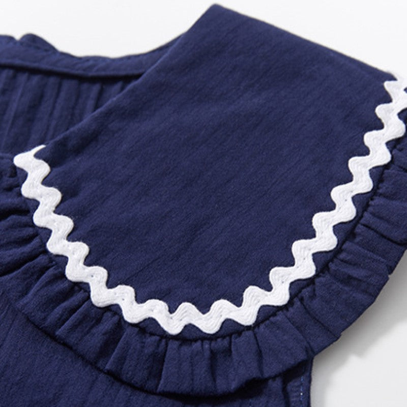 Girls Navy Blue Peter Pan Collar Cotton A-Line Dress