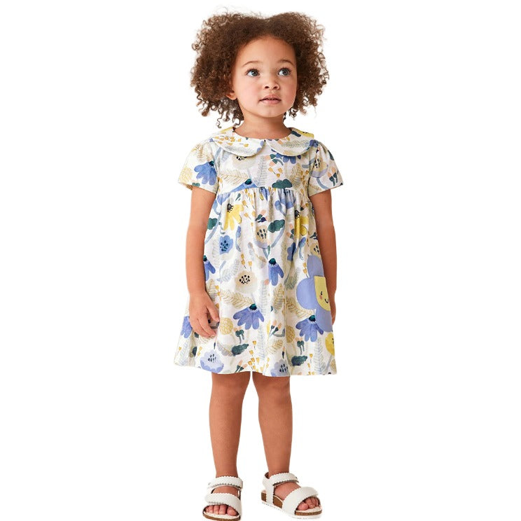 White Girls Floral Printed Peter Pan Collar Fit & Flare Dress
