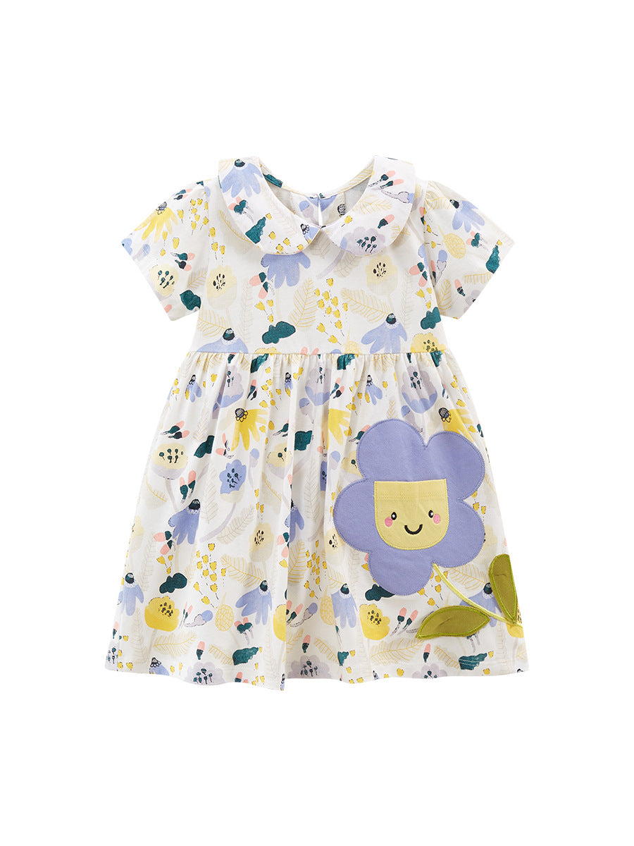 White Girls Floral Printed Peter Pan Collar Fit & Flare Dress