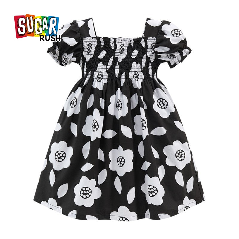 Girls Black & White Floral Print Fit & Flare Dress