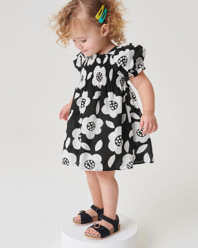 Girls Black & White Floral Print Fit & Flare Dress