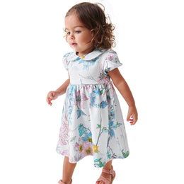 Girls White Floral Printed Peter Pan Collar Cotton A-Line Dress