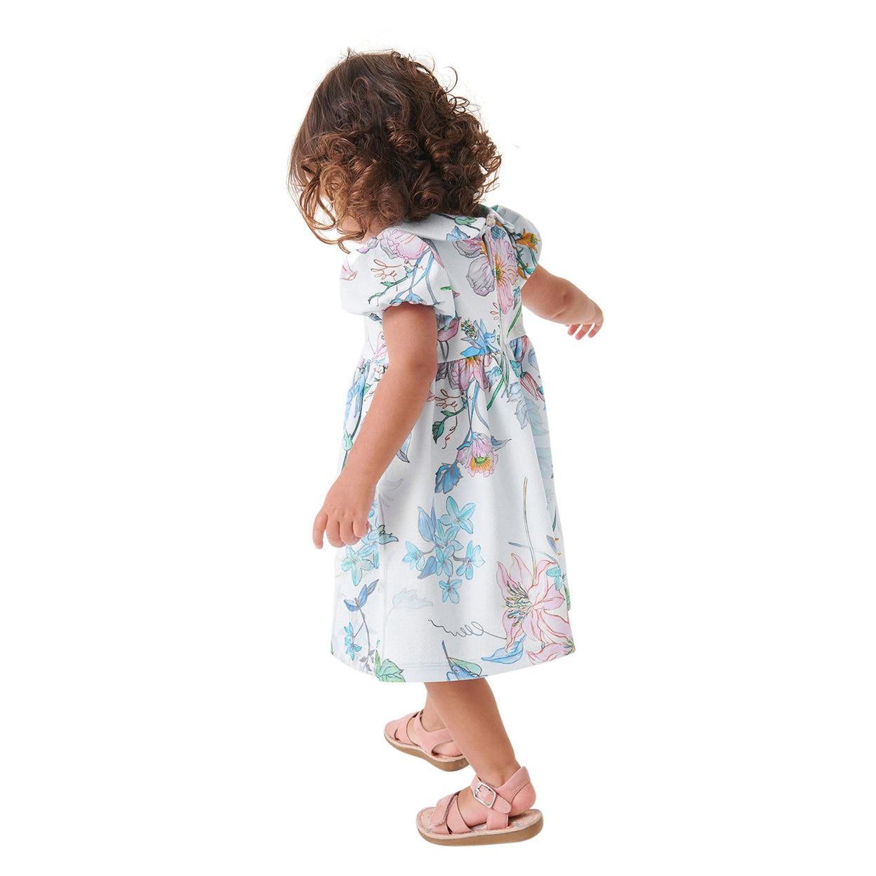 Girls White Floral Printed Peter Pan Collar Cotton A-Line Dress