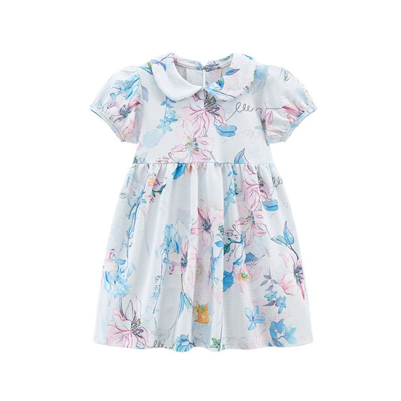 Girls White Floral Printed Peter Pan Collar Cotton A-Line Dress
