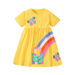 Girls Yellow Conversational Printed Cotton A-Line Dress