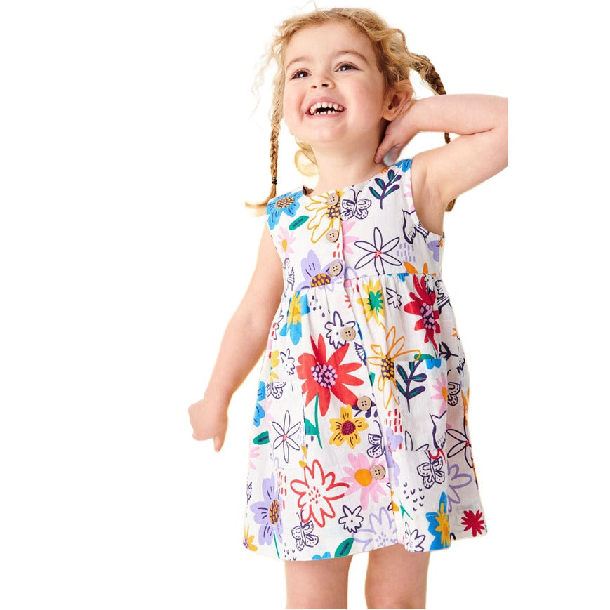 Girls White Floral Printed A-Line Dress