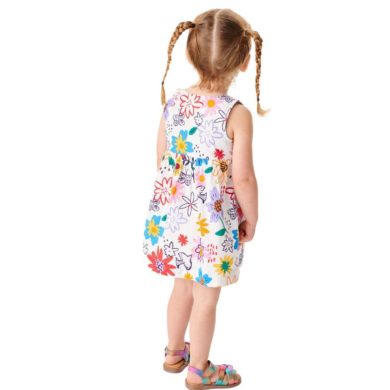 Girls White Floral Printed A-Line Dress
