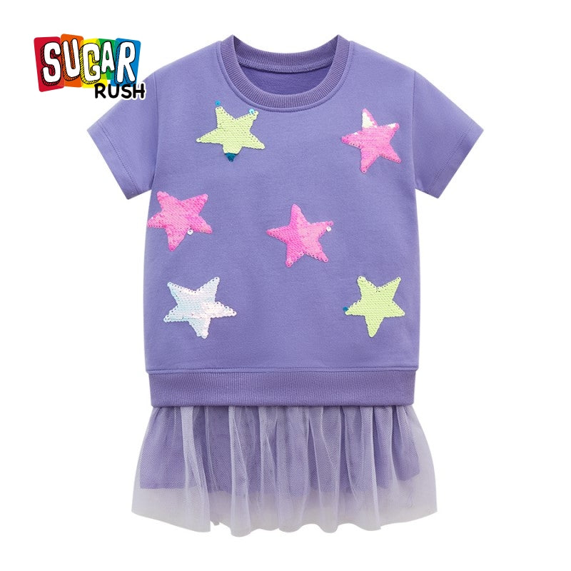 Girls Purple Print Drop-Waist Dress