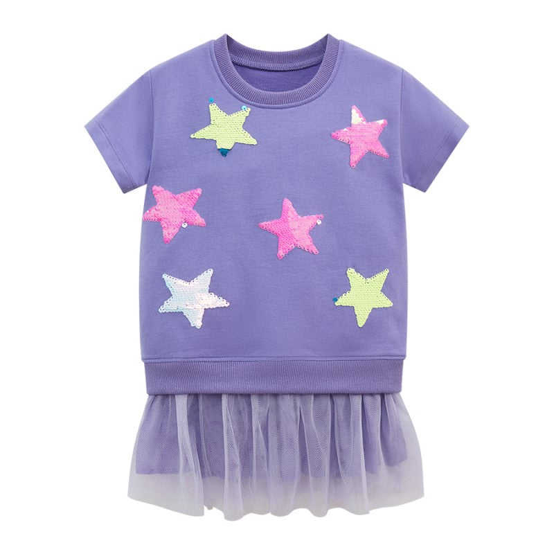Girls Purple Print Drop-Waist Dress