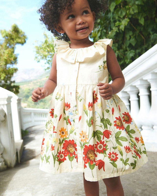 Girls Round Neck Sleeveless Floral Printed Cotton A-Line Dress