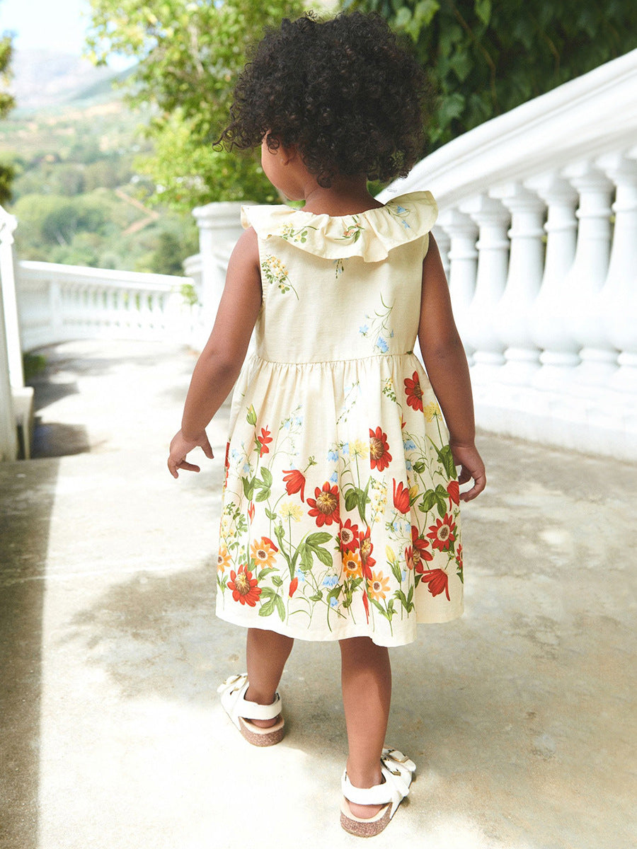 Girls Round Neck Sleeveless Floral Printed Cotton A-Line Dress