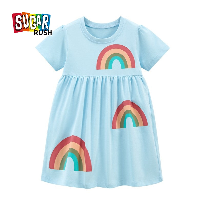 Girls Blue Graphic Printed Round Neck Cotton Fit & Flare Dress