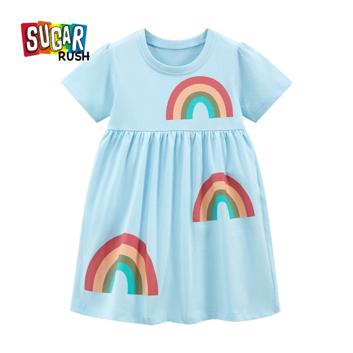 Girls Blue Graphic Printed Round Neck Cotton Fit & Flare Dress