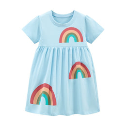 Girls Blue Graphic Printed Round Neck Cotton Fit & Flare Dress