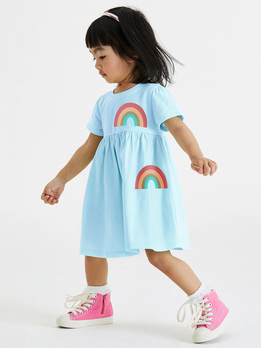 Girls Blue Graphic Printed Round Neck Cotton Fit & Flare Dress