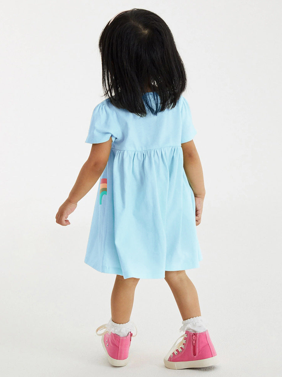 Girls Blue Graphic Printed Round Neck Cotton Fit & Flare Dress