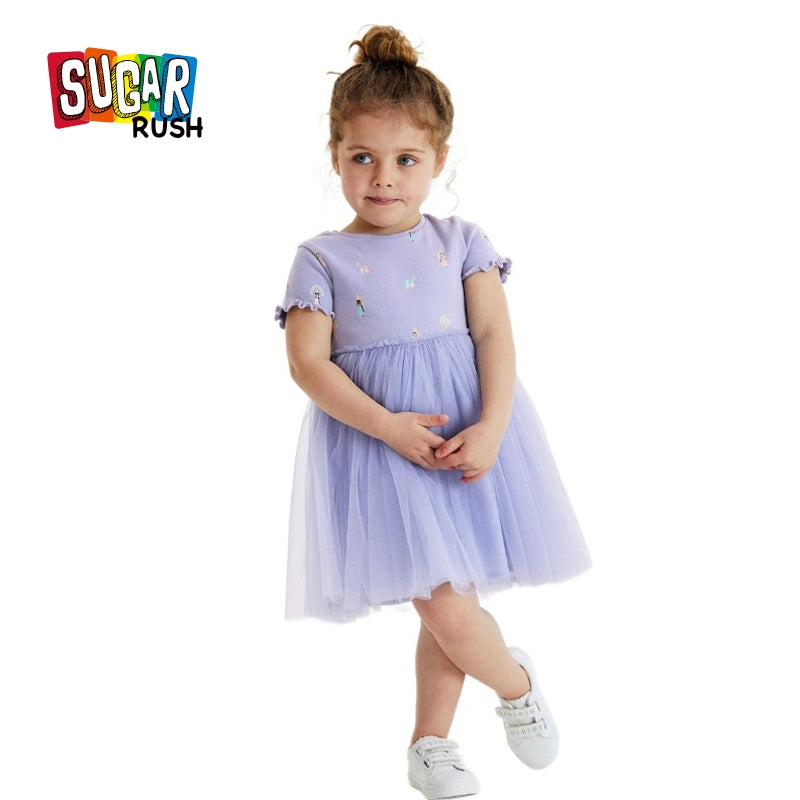 Girls Purple Conversational Printed Cotton Fit & Flare Dress