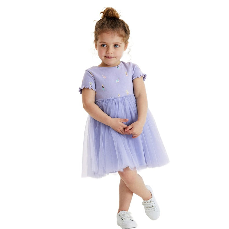 Girls Purple Conversational Printed Cotton Fit & Flare Dress