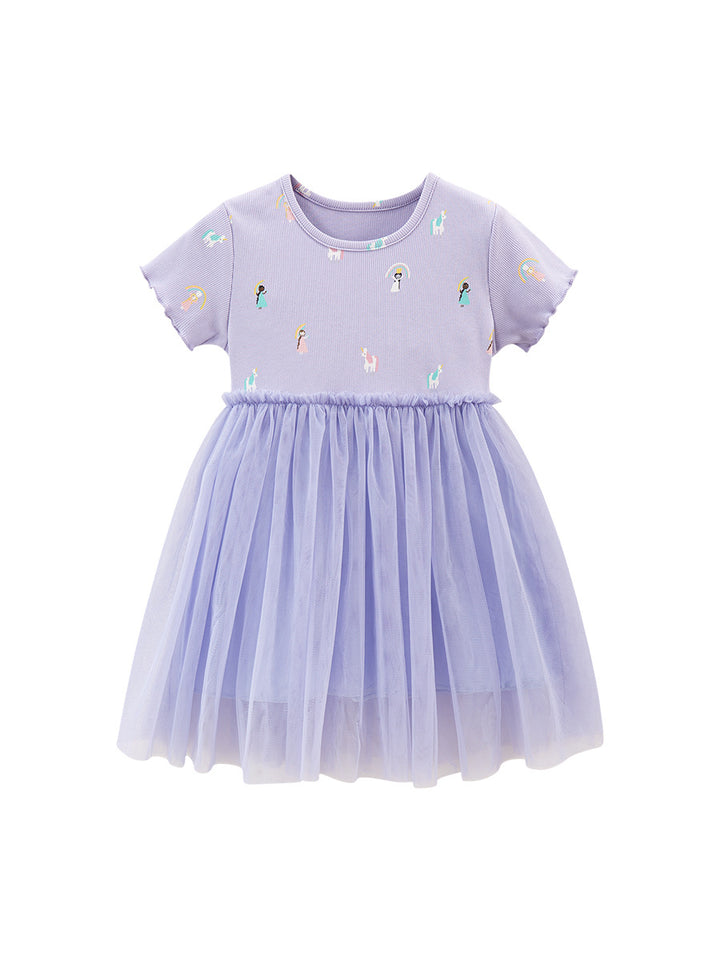 Girls Purple Conversational Printed Cotton Fit & Flare Dress