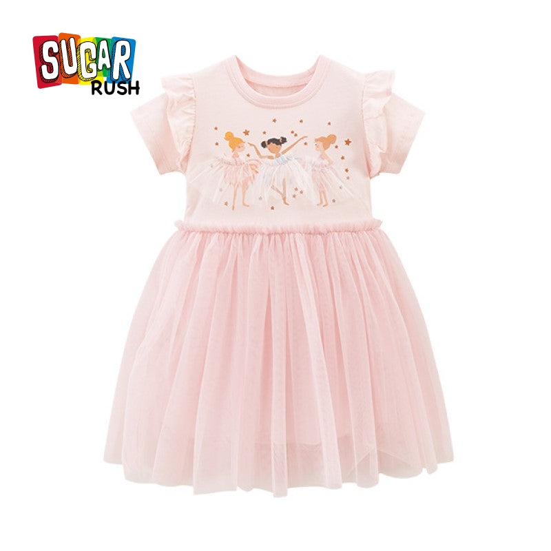 Girls Pink Embellished Cotton Ruffled Fit & Flare Dress