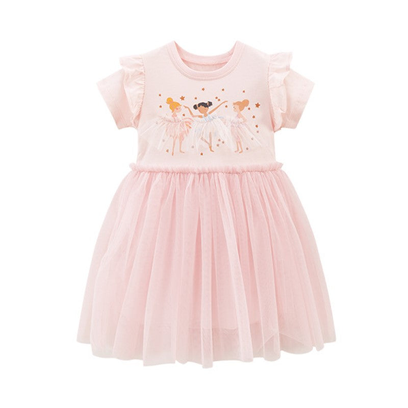 Girls Pink Embellished Cotton Ruffled Fit & Flare Dress