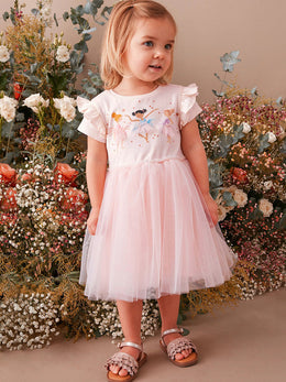 Girls Pink Embellished Cotton Ruffled Fit & Flare Dress