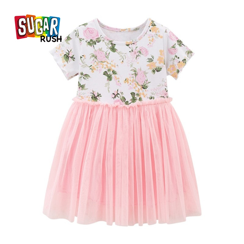 Girls Pink Floral Printed Gathered Cotton Fit & Flare Dress