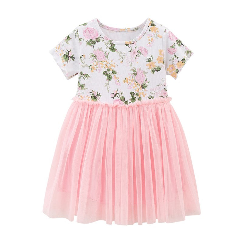 Girls Pink Floral Printed Gathered Cotton Fit & Flare Dress