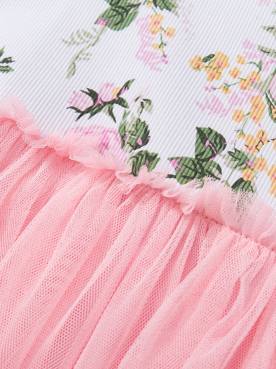 Girls Pink Floral Printed Gathered Cotton Fit & Flare Dress