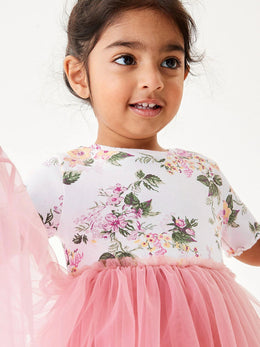 Girls Pink Floral Printed Gathered Cotton Fit & Flare Dress