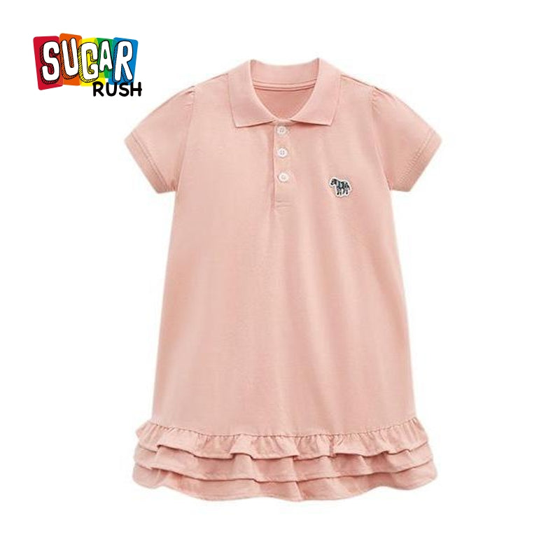 Girls Pink Layered Shirt Collar T-shirt Cotton A-Line Dress