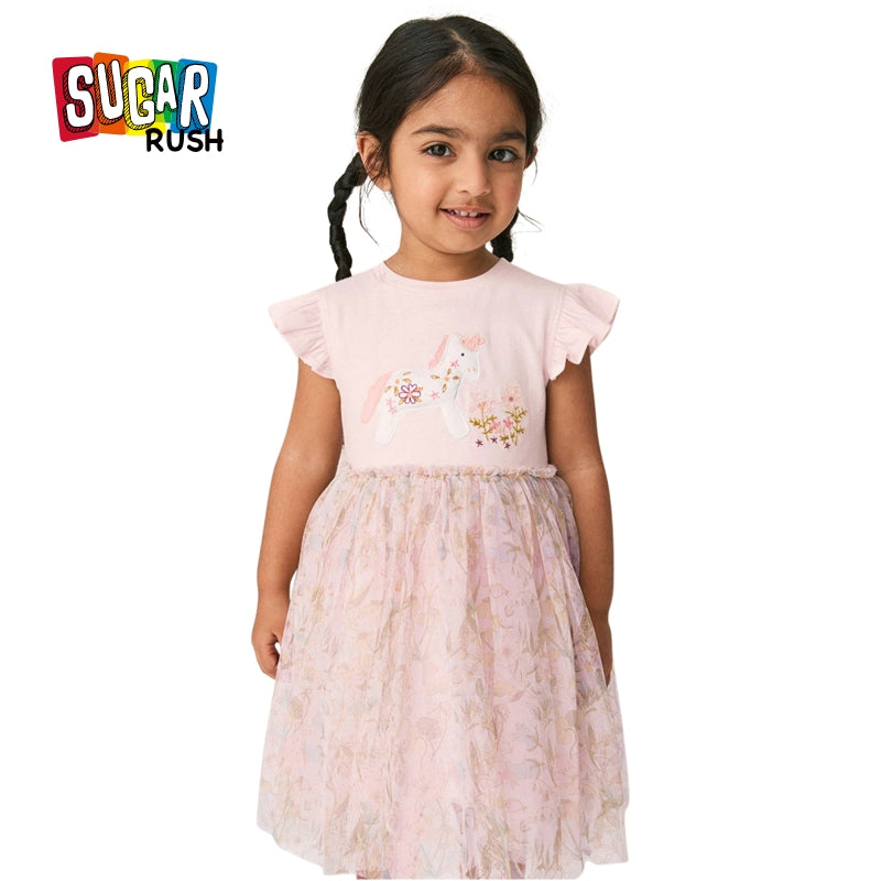 Girls Animal Print Flutter Sleeve Applique T-shirt Dress