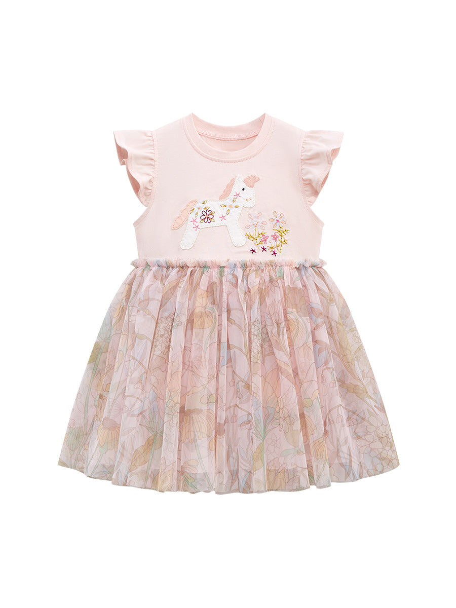 Girls Animal Print Flutter Sleeve Applique T-shirt Dress