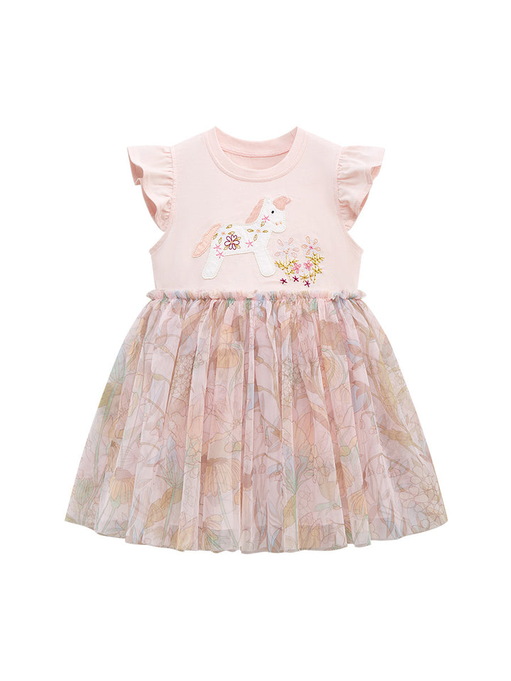 Girls Animal Print Flutter Sleeve Applique T-shirt Dress