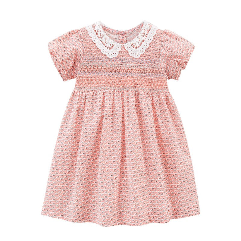 Girls Pink & White Floral Printed Peter Pan Collar Empire Dress