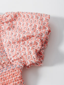 Girls Pink & White Floral Printed Peter Pan Collar Empire Dress