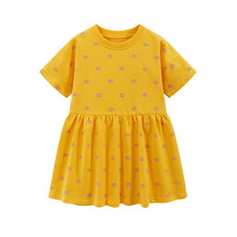 Orange Girls Conversational Printed Gathered Detail Cotton T-shirt Dress