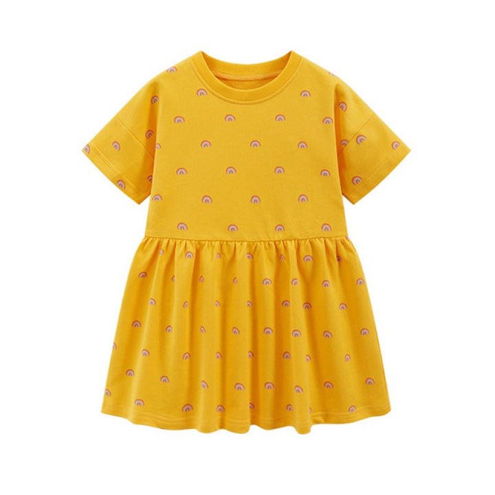 Orange Girls Conversational Printed Gathered Detail Cotton T-shirt Dress
