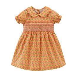 Girls Orange Floral Print Peter Pan Collar Puff Sleeve Fit & Flare Midi Dress