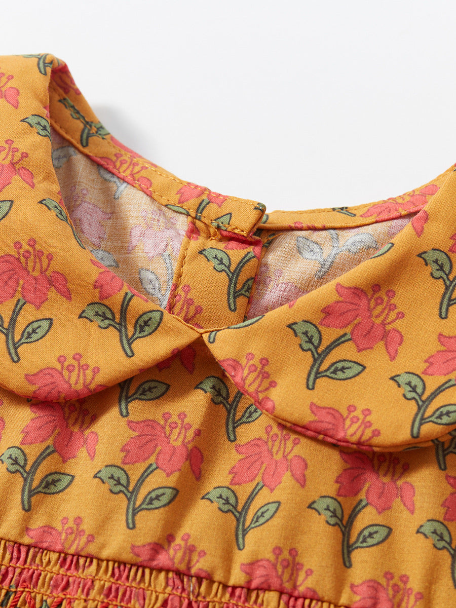 Girls Orange Floral Print Peter Pan Collar Puff Sleeve Fit & Flare Midi Dress