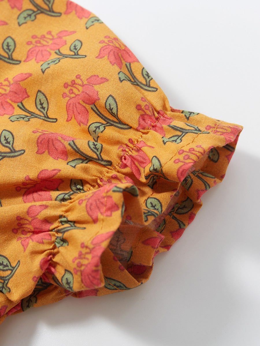 Girls Orange Floral Print Peter Pan Collar Puff Sleeve Fit & Flare Midi Dress