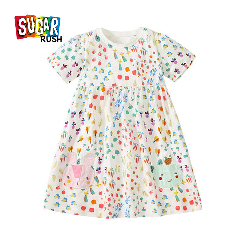 Girls White Abstract Printed Cotton T-shirt Dress