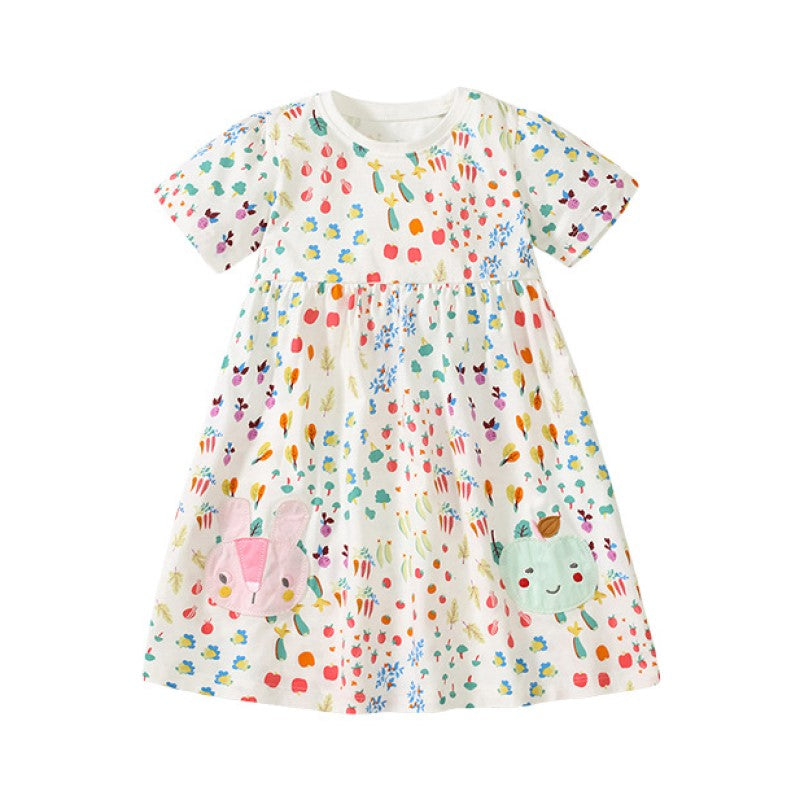 Girls White Abstract Printed Cotton T-shirt Dress