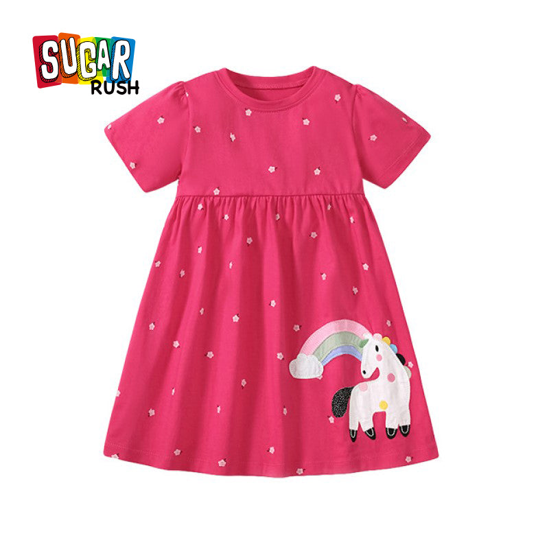 Girls Fuchsia Conversational Printed Cotton A-Line Dress