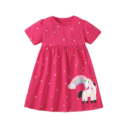 Girls Fuchsia Conversational Printed Cotton A-Line Dress