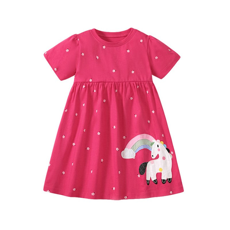 Girls Fuchsia Conversational Printed Cotton A-Line Dress