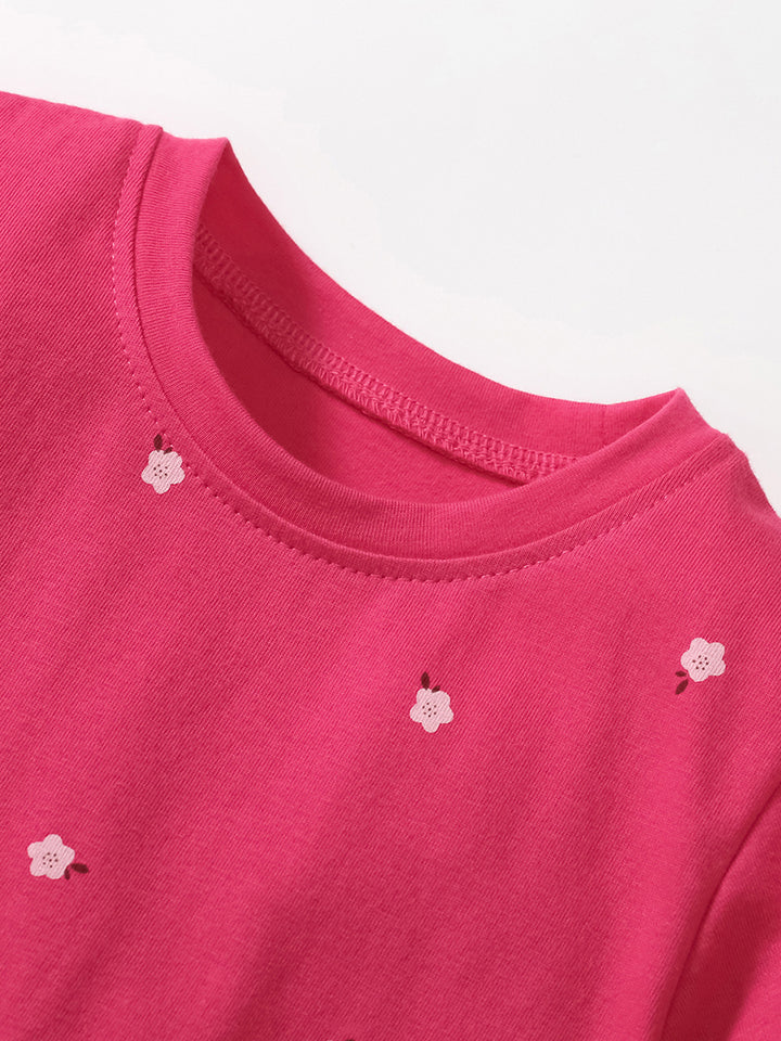 Girls Fuchsia Conversational Printed Cotton A-Line Dress