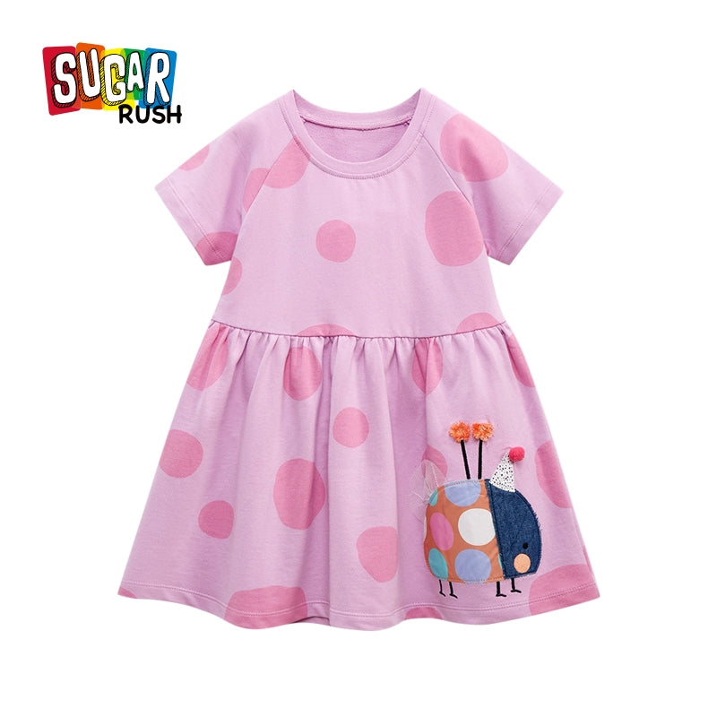Girls Purple Polka Dot Printed Applique Cotton A-Line Dress