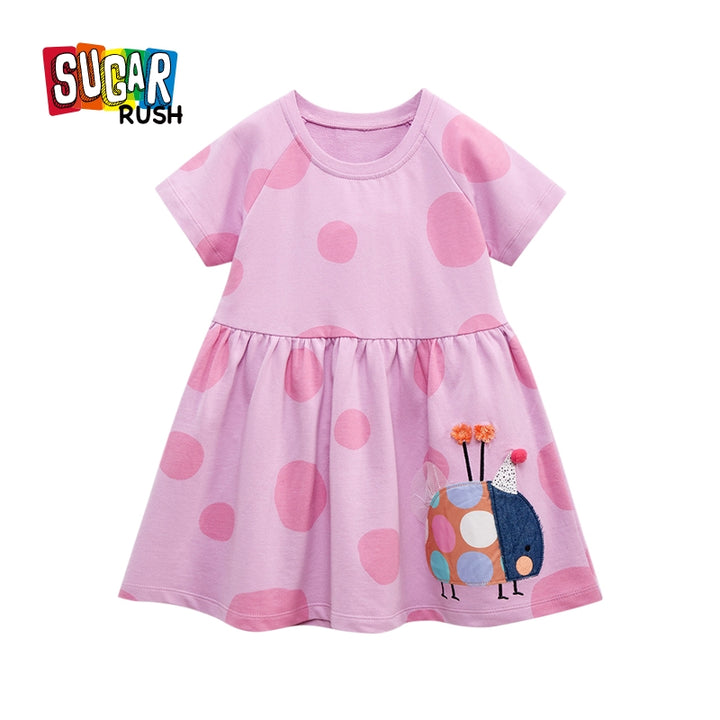 Girls Purple Polka Dot Printed Applique Cotton A-Line Dress